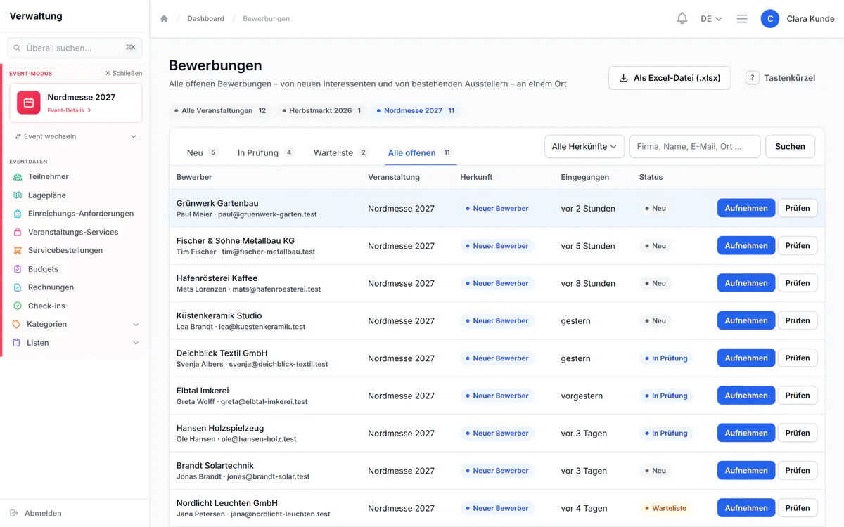 Der Bewerbungseingang von PlanDocket mit neuen Bewerbungen sowie Bewerbungen in Prüfung und auf der Warteliste für eine Beispielmesse.